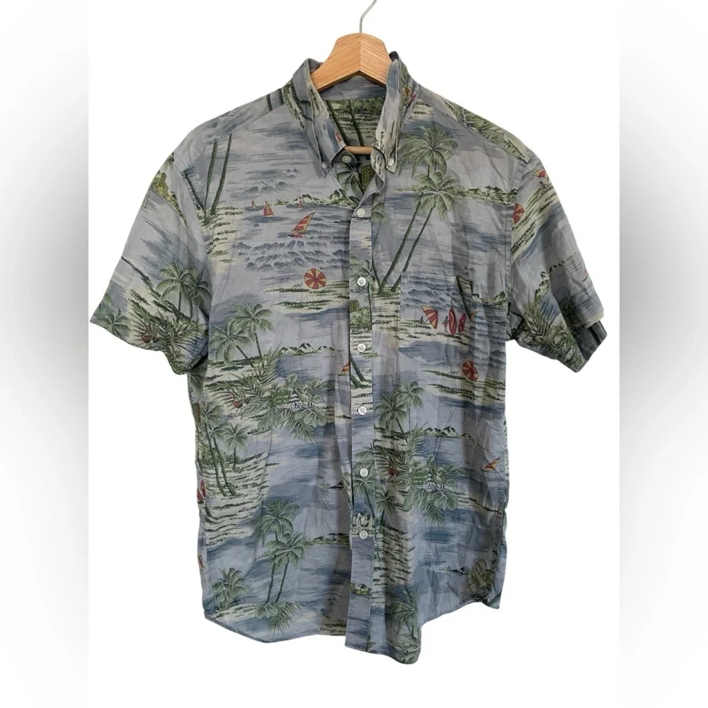 J Crew Shirt Men Medium Chambray Hawaiian Palm Tree Shirt Beach Lightweight
